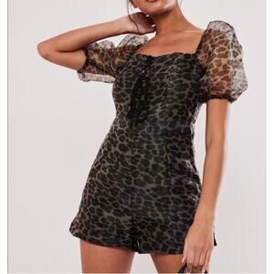 Missguided Women Leopard Puff Sleeve Lace Up Milkmaid Playsuit Size Us 2 2620